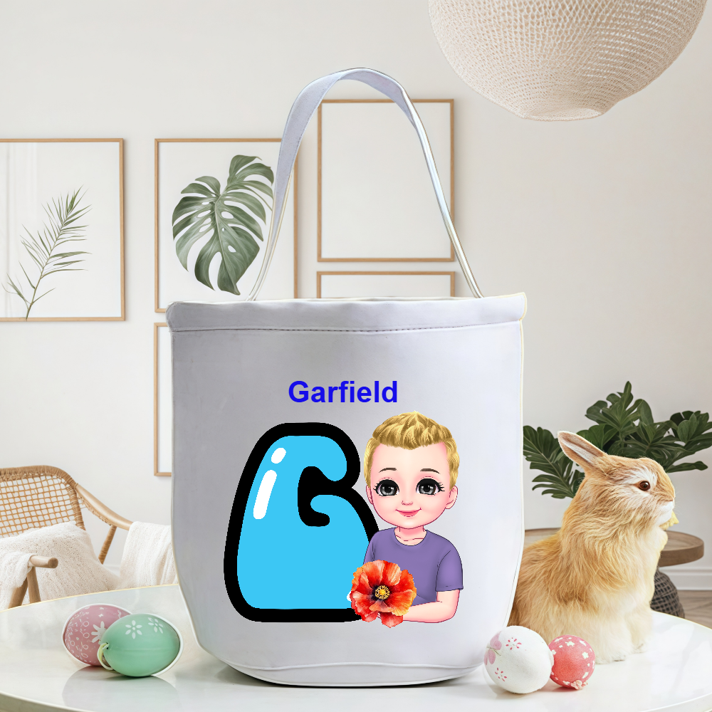 Personalized Cartoon Character Initial Bucket Bag with Initial and Name Easter Egg Hunt Basket Birthday Party Favors Gift for Kids