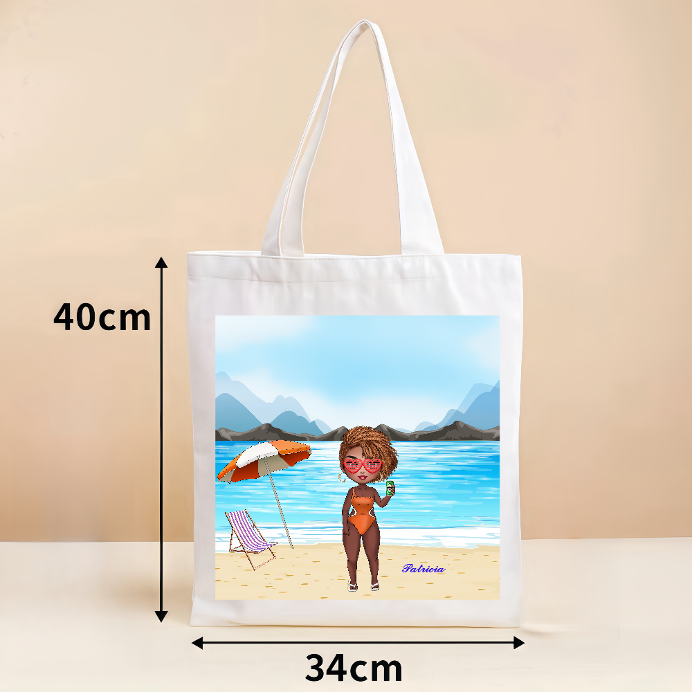 Personalized Cartoon Beach Girl Canvas Bag with Name Beach Party Favor Birthday Gift for Her