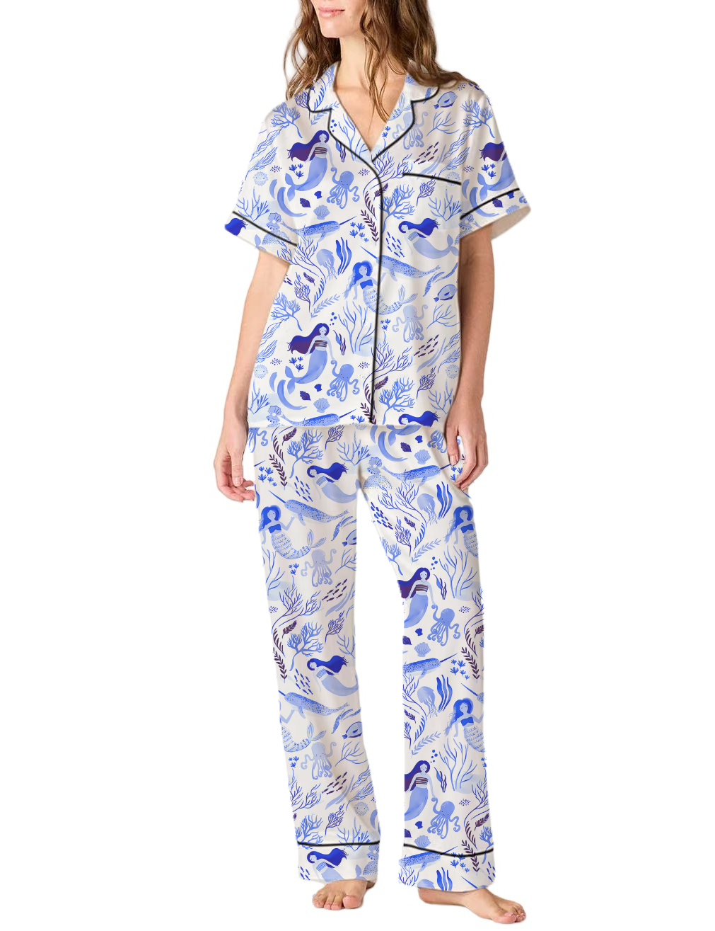 Mermaid Toile Satin Pajama Pants Set For Women