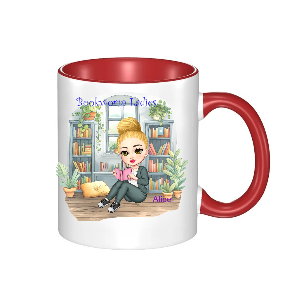 Personalized Bookworm Ladies Coffee Cup Cartoon Ceramic Mug With Name Birthday Gift for Family Friend Bookworms Book Lovers