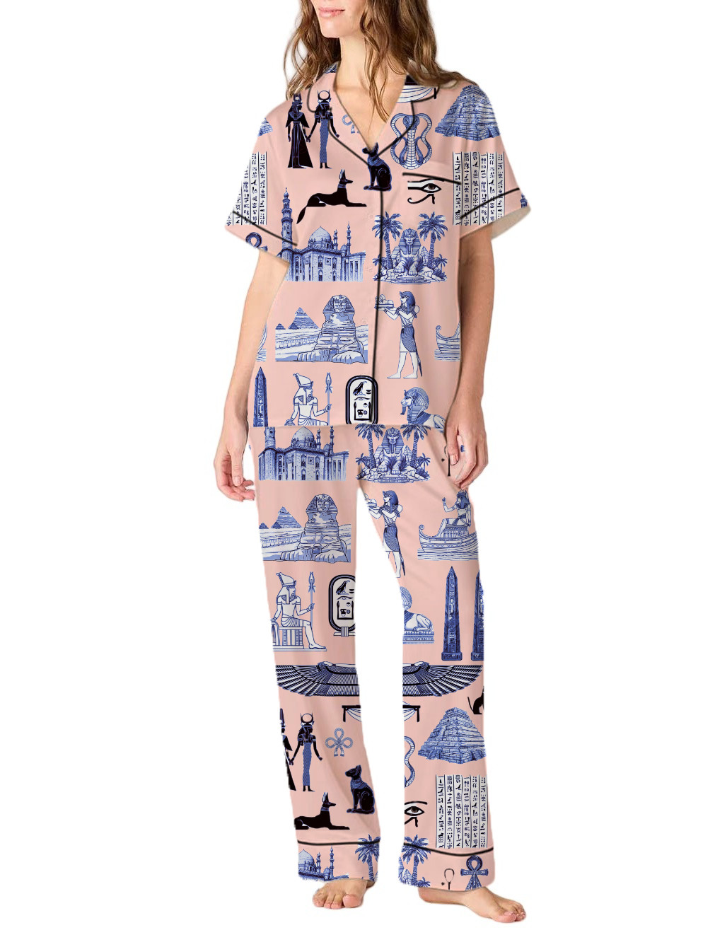 Egypt Travel Toile Silky Satin Pajama Pants Set For Women