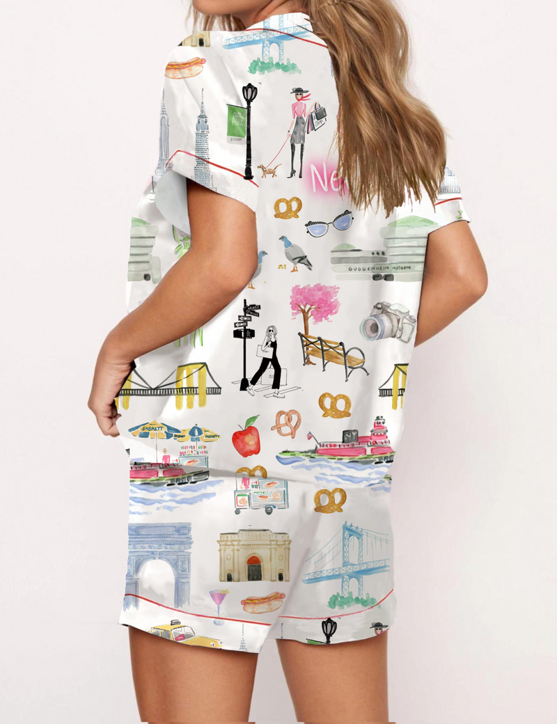 New York City Silky Satin Pajama Short Set For Women