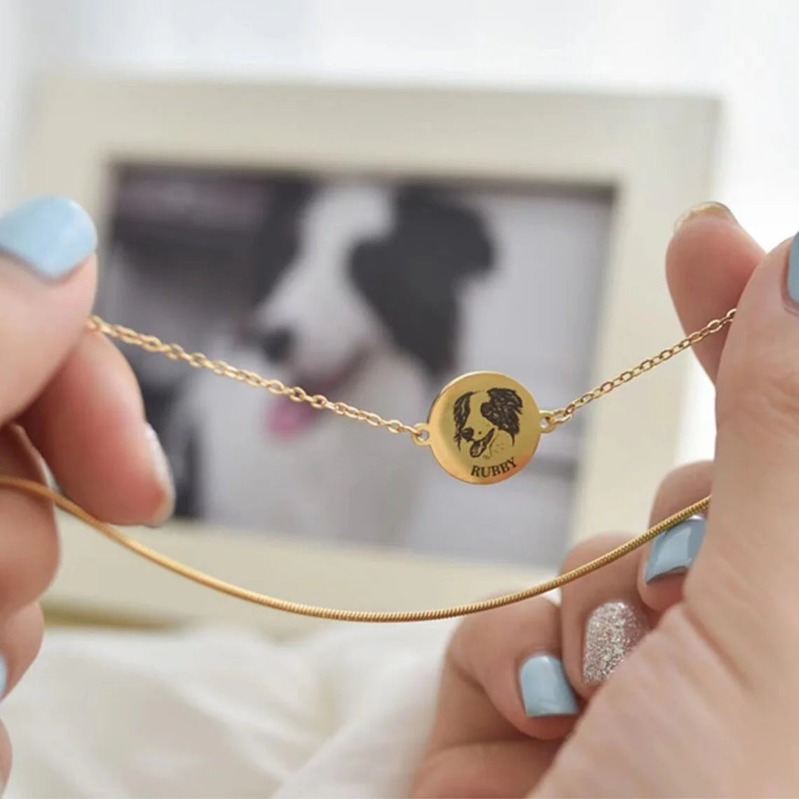 Personalized Engraved Cat Dog Portrait Adjustable  Double Chain Bracelet with Name Birthday Commemorative Gift for Pet Lovers