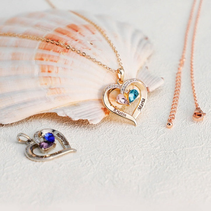 Personalized Forever Together Heart Pendant Necklace with Double Birthstones and Engraved Names Valentine's Day Gift for Women