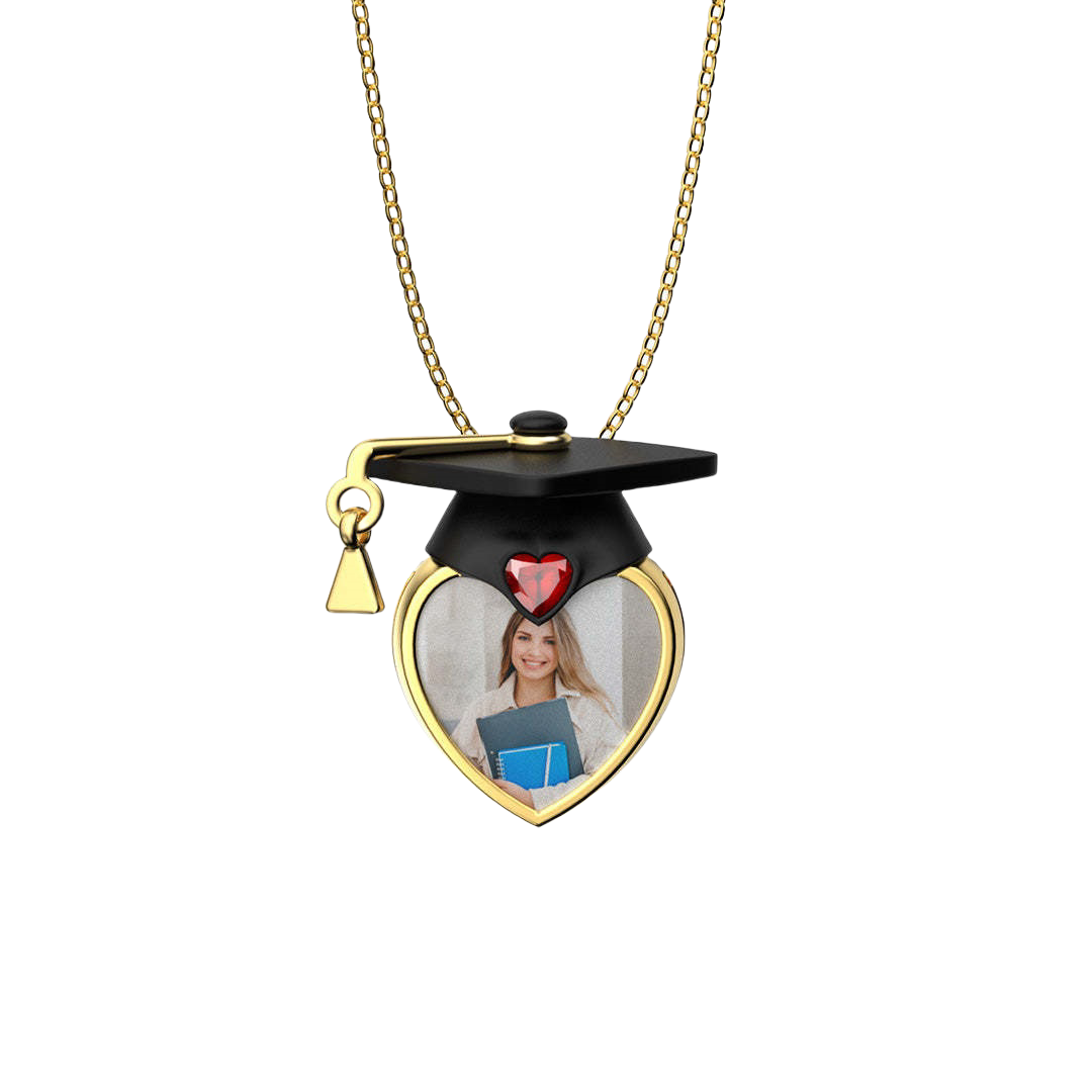 Personalized Dainty Grad Cap Zircon Heart Birthstone Necklace with Engraved Text Graduate Jewelry Birthday Graduation Gift for Women