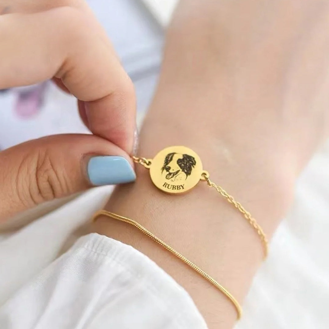 Personalized Engraved Cat Dog Portrait Adjustable  Double Chain Bracelet with Name Birthday Commemorative Gift for Pet Lovers