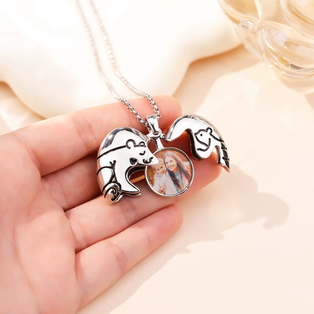 Personalized Dainty Bear Hug Heart Photo Locket Necklace Family Jewelry Mother's Day Memorial Anniversary Gift for Women