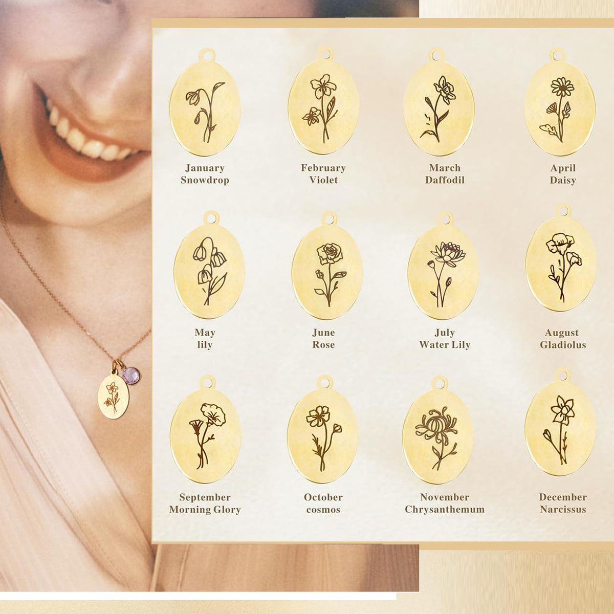 Personalized Birth Flower Necklace with Birthstone Charm Mother's Day Birthday for Women