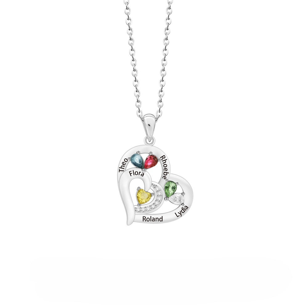 Personalized Family Heart Pendant Necklace with 1-6 Engraved Names and Birthstones Mother's Day Birthday Gift for Mom Grandma