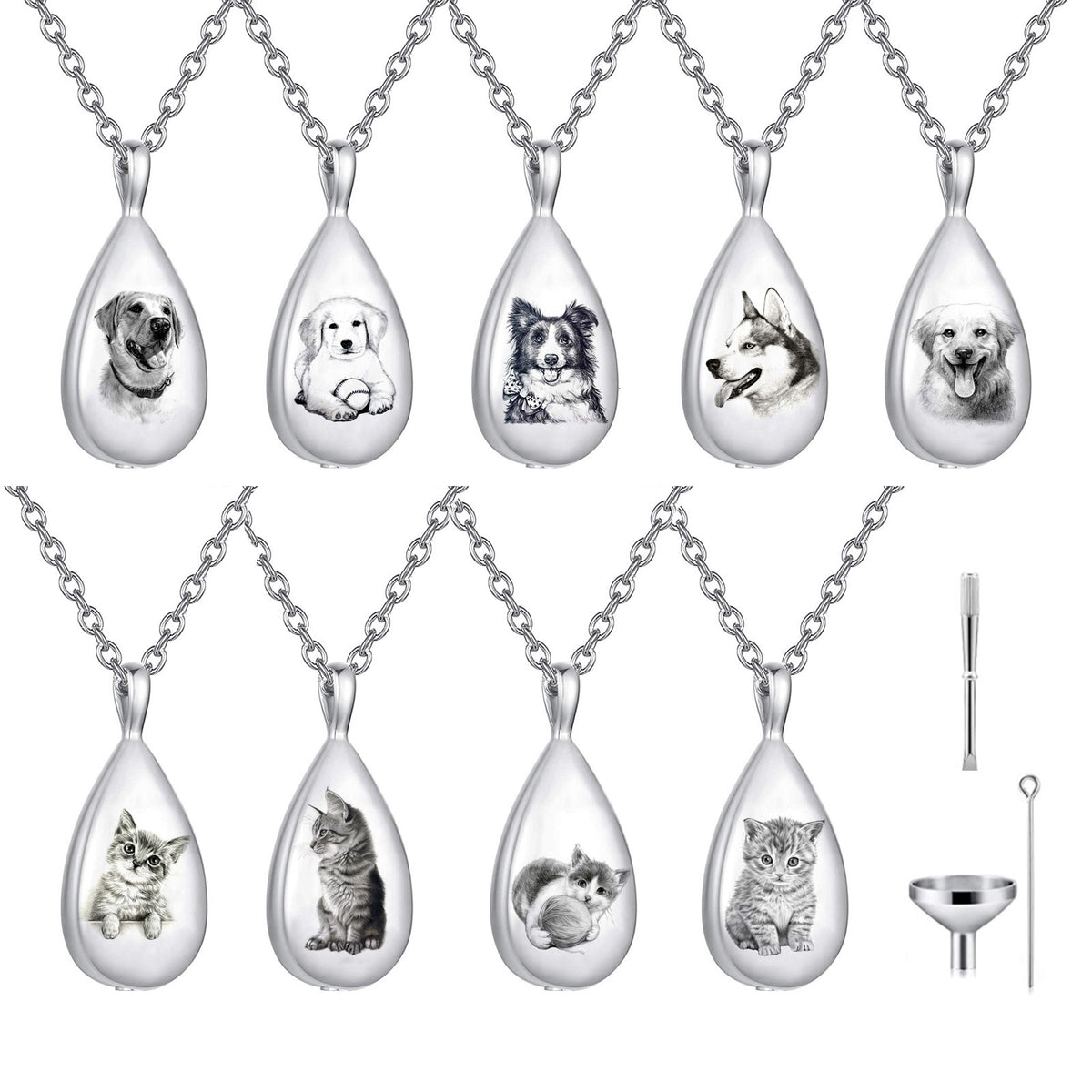 Personalized Pet Portrait Droplet Shaped Cremation Urn Necklace With Engraved Text Cremation Jewelry Memorial Keepsake Gift for Pet Lover