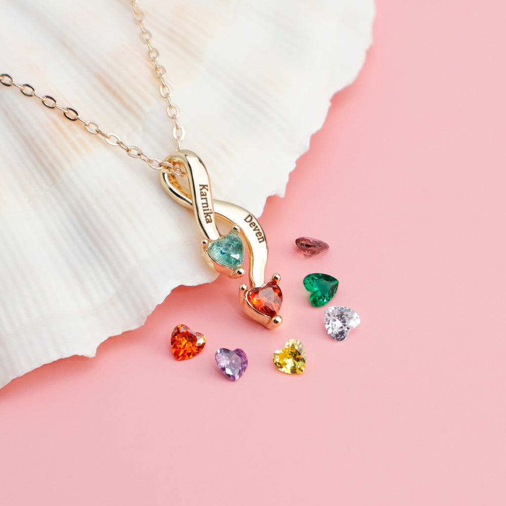 Personalized Crossing Heart Necklace with Names and Birthstones Mother's Day Birthday Valentine's Day Gift for Women