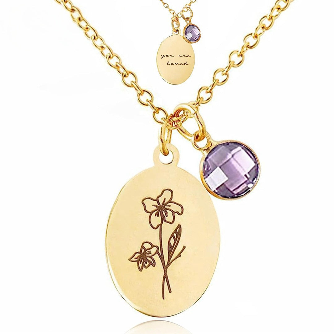 Personalized Birth Flower Necklace with Birthstone Charm Mother's Day Birthday for Women