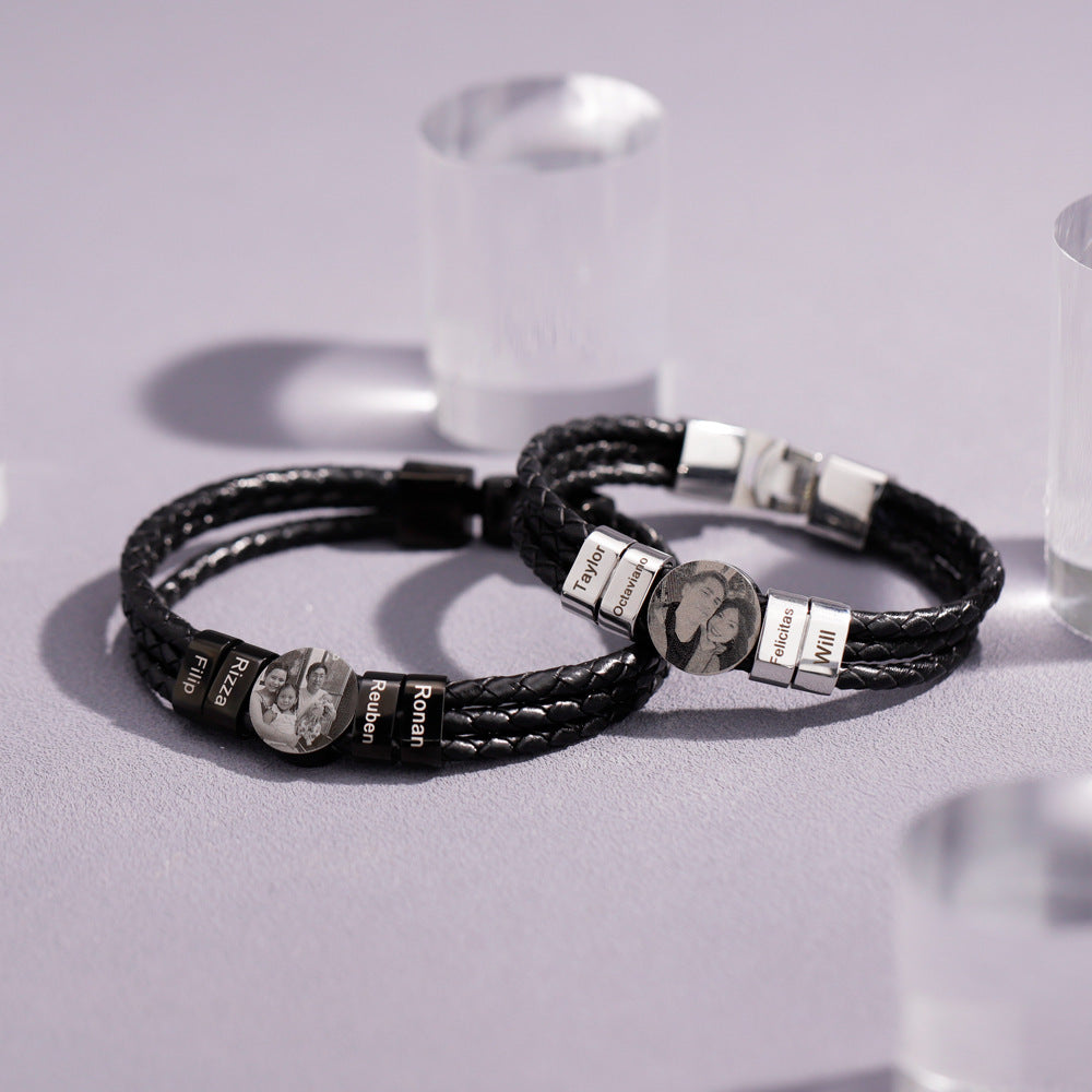 Personalized 2-6 Beads Braided Leather Men's Bracelet with Name Photo Father's Day Birthday Gift for Him