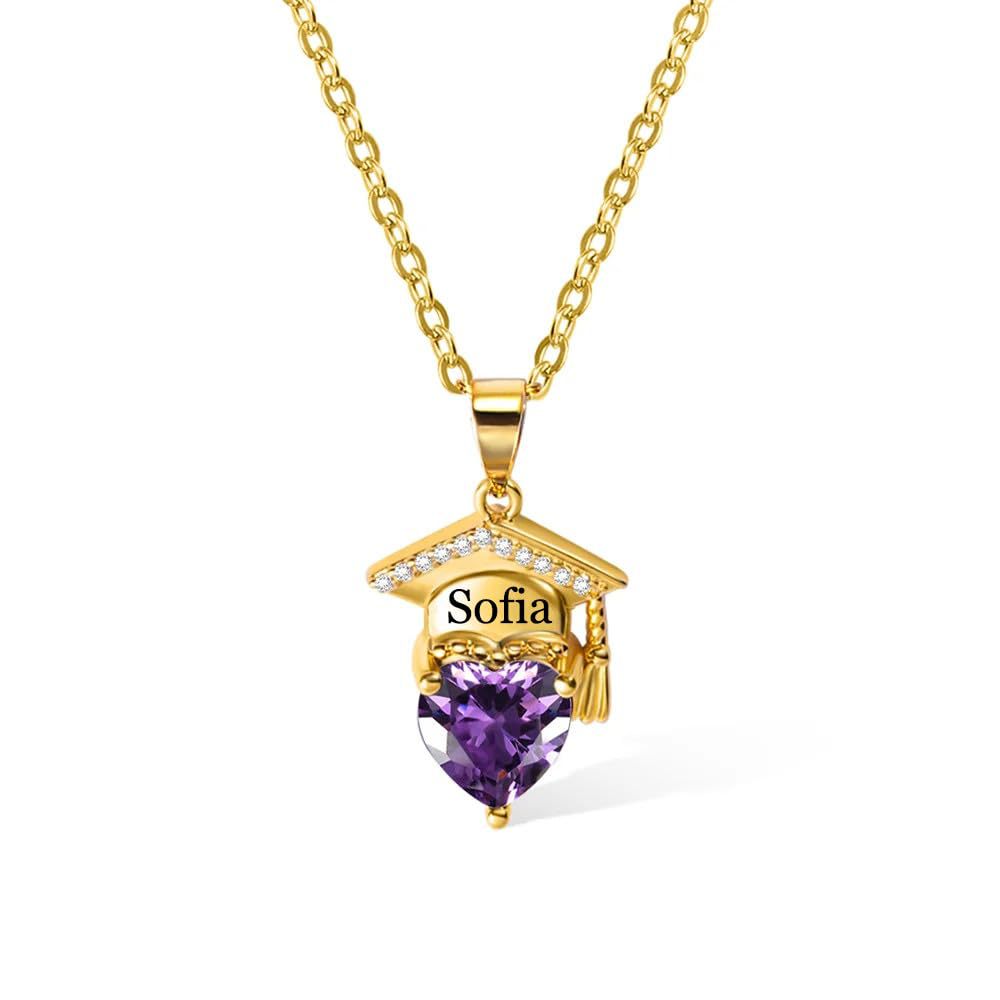 Personalized Dainty Graduation Cap Birthstone Necklace with Engraved Name Graduation Birthday Gift for Graduates