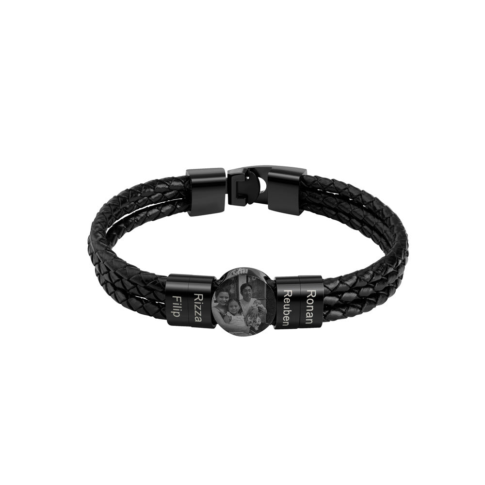 Personalized 2-6 Beads Braided Leather Men's Bracelet with Name Photo Father's Day Birthday Gift for Him