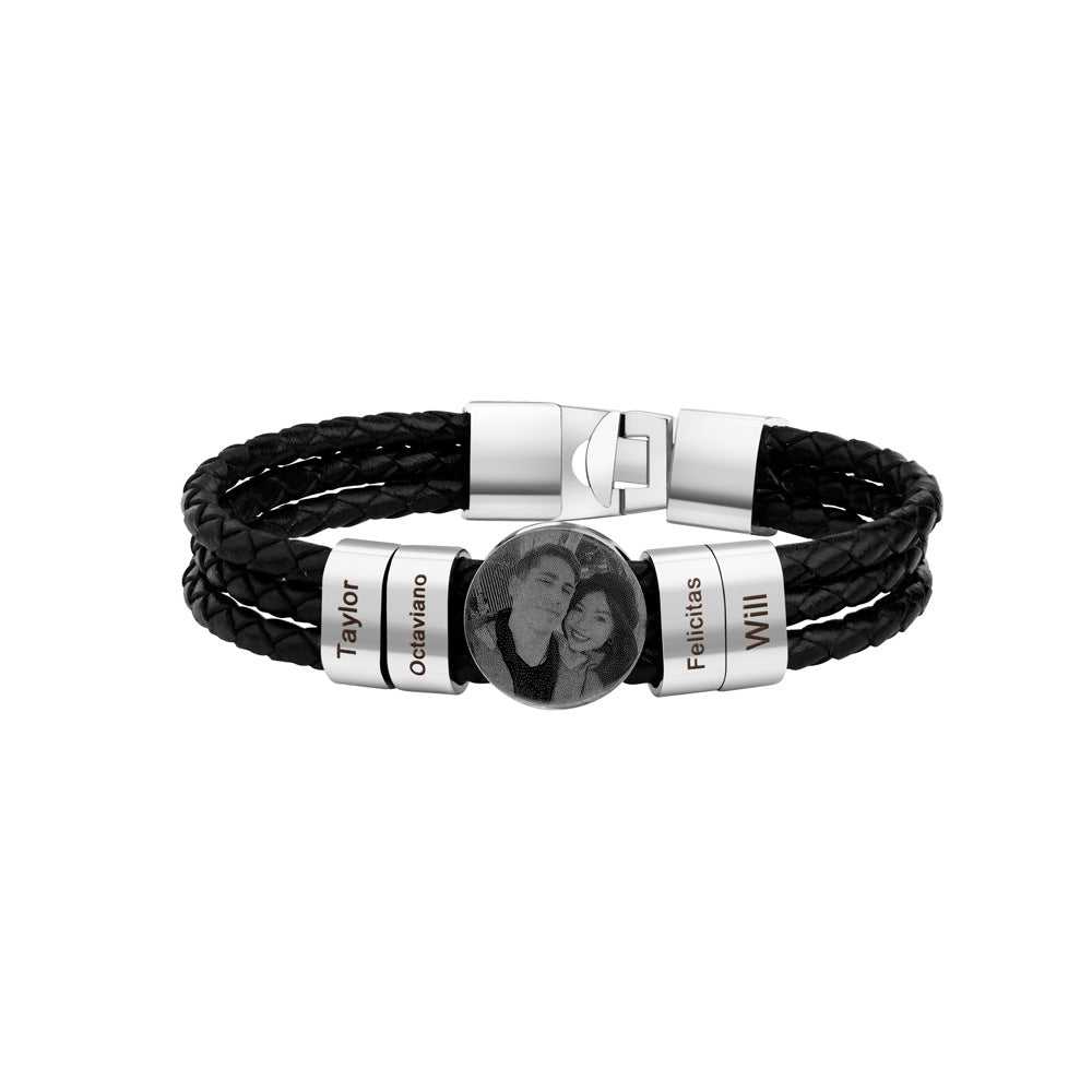 Personalized 2-6 Beads Braided Leather Men's Bracelet with Name Photo Father's Day Birthday Gift for Him