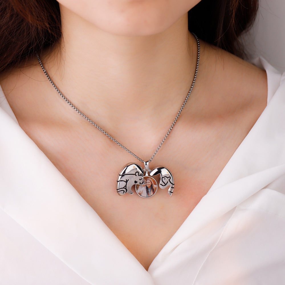Personalized Dainty Bear Hug Heart Photo Locket Necklace Family Jewelry Mother's Day Memorial Anniversary Gift for Women