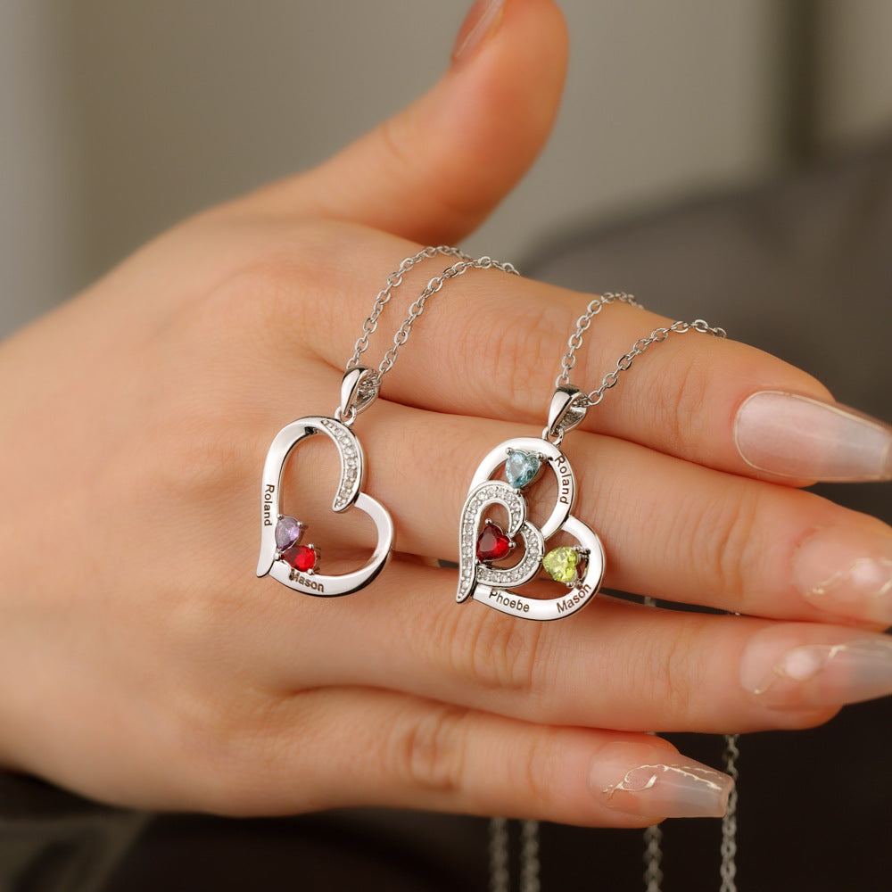 Personalized Family Heart Pendant Necklace with 1-6 Engraved Names and Birthstones Mother's Day Birthday Gift for Mom Grandma