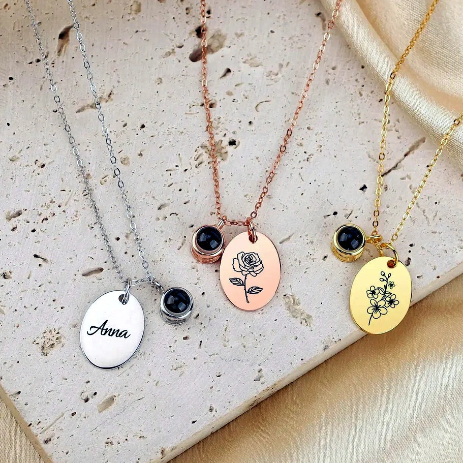 Personalized I Love You in 100 Languages Birth Flower Charm Projection Necklace