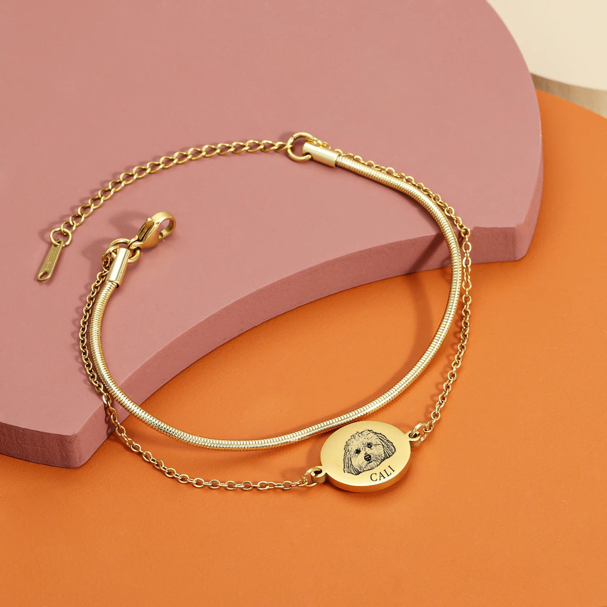 Personalized Engraved Cat Dog Portrait Adjustable  Double Chain Bracelet with Name Birthday Commemorative Gift for Pet Lovers