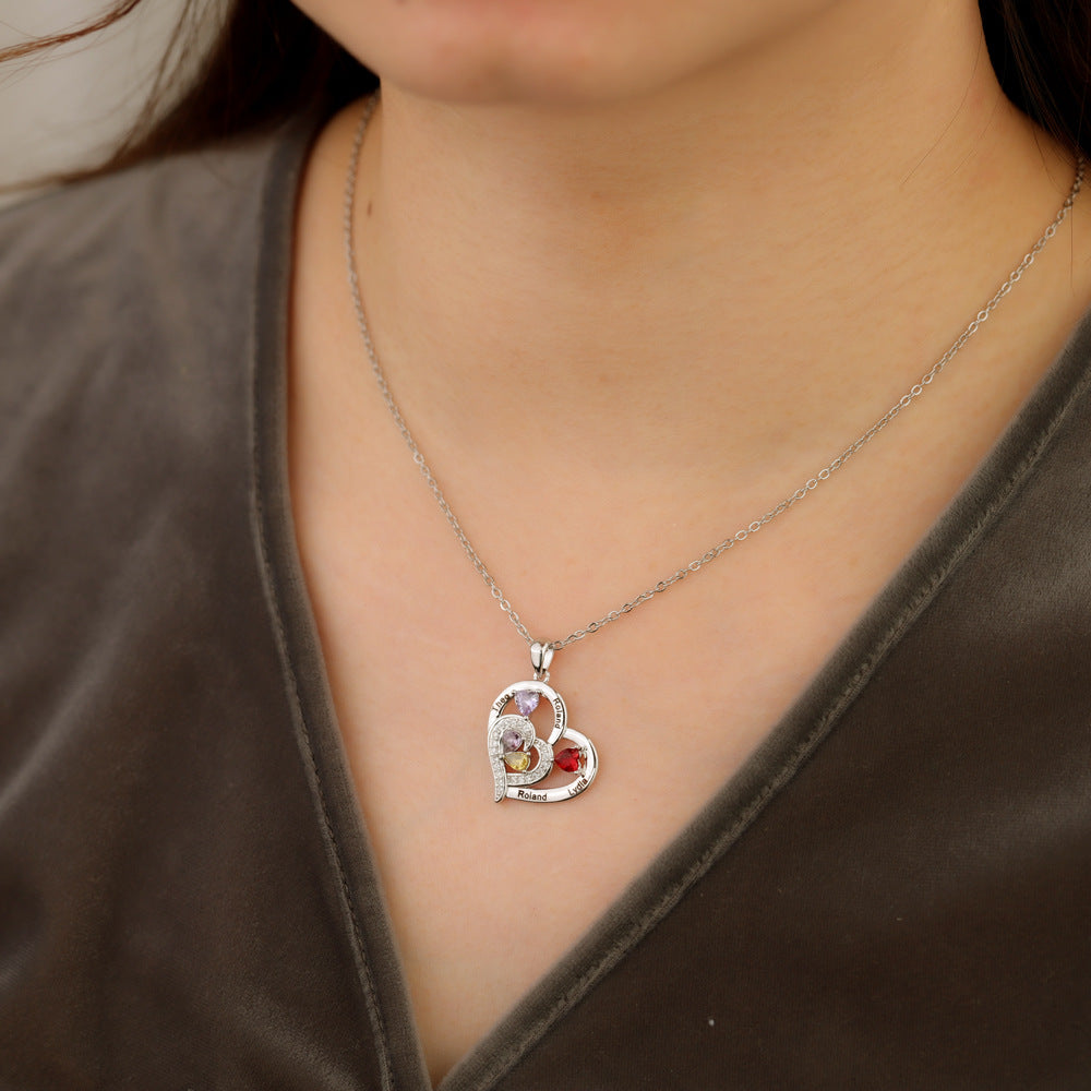 Personalized Family Heart Pendant Necklace with 1-6 Engraved Names and Birthstones Mother's Day Birthday Gift for Mom Grandma