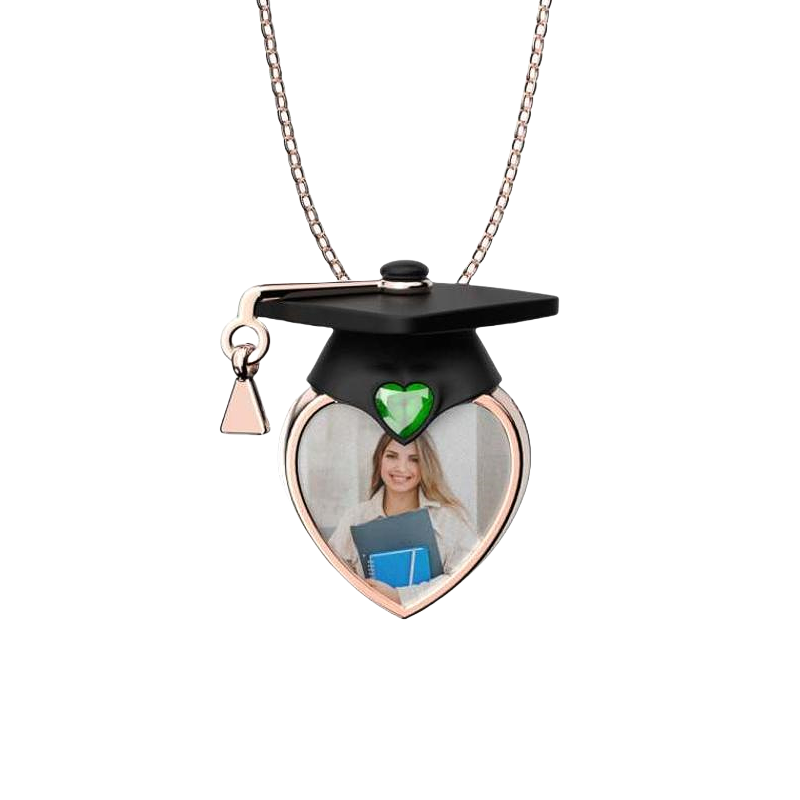 Personalized Dainty Grad Cap Zircon Heart Birthstone Necklace with Engraved Text Graduate Jewelry Birthday Graduation Gift for Women