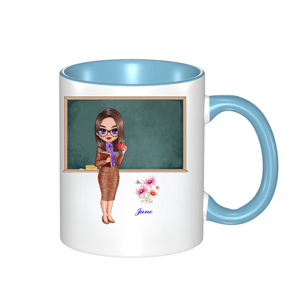 Personalized Teacher Coffee Cup Cartoon Ceramic Mug with Birth Flower and Name Back to School Appreciation Gift for Teacher