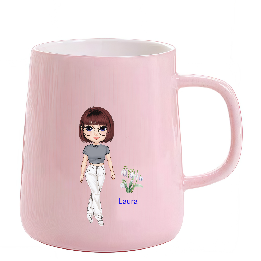 Personalized Cartoon Chibi Girl Coffee Cup Cartoon Ceramic Mug With Birth Flower and Name Birthday Gift for Women
