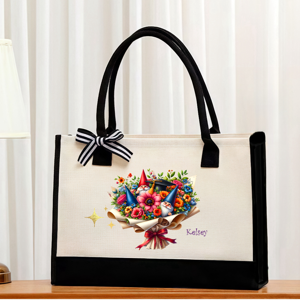 Personalized Graduation Hand-held Flower Large Canvas Tote Bag with Name Graduation Birthday Gift for Women