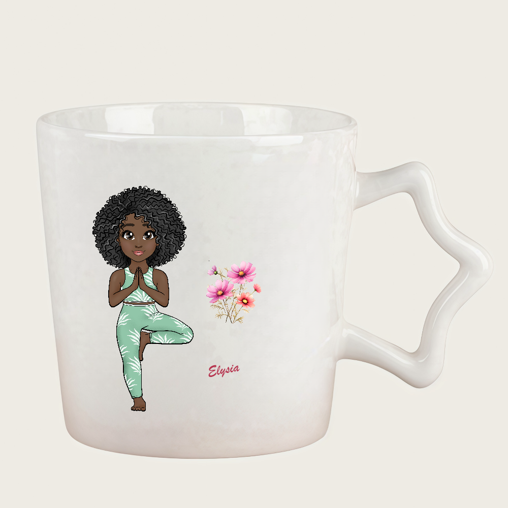 Personalized Cartoon Sports Yoga Fitness Girl Coffee Cup Cartoon Ceramic Mug Star Handle Cup With Birth Flower and Name Birthday Gift for Women
