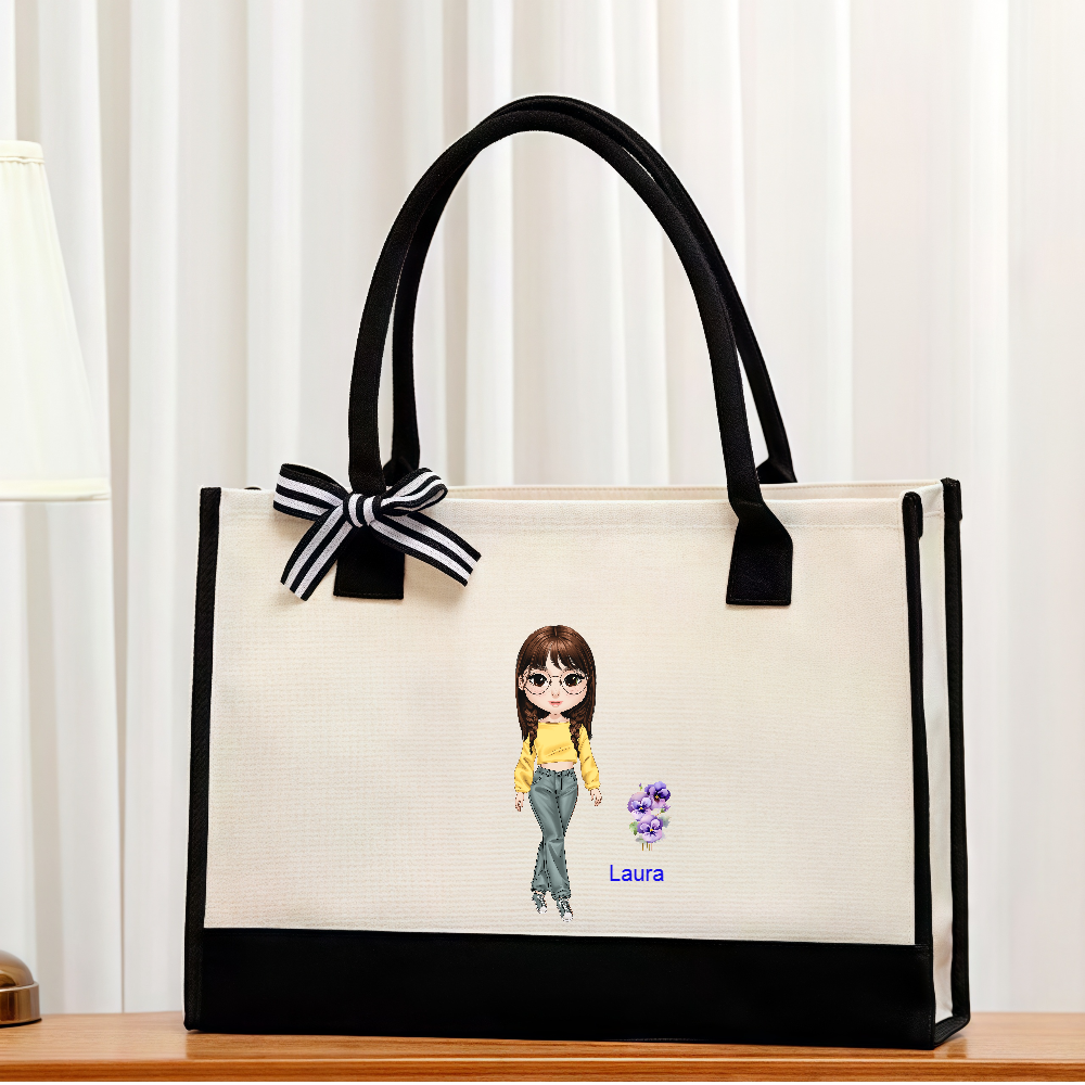 Personalized Birth Flower Bouquet Cartoon Chibi Girl Character Reusable Large Canvas Tote Bag with Name Anniversary Gift for Women Girls