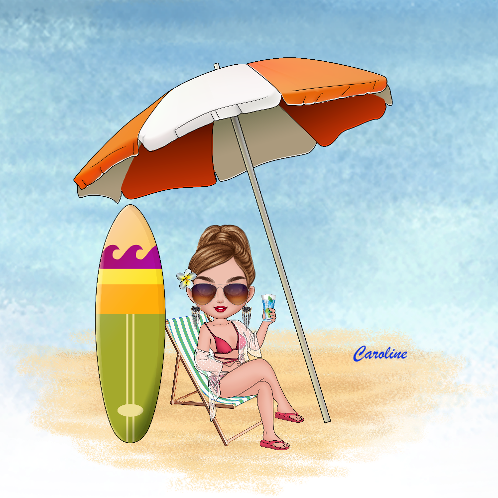 Printable Digital File Personalized Cute Cartoon Character Beach Girl with Name Digital PNG Download