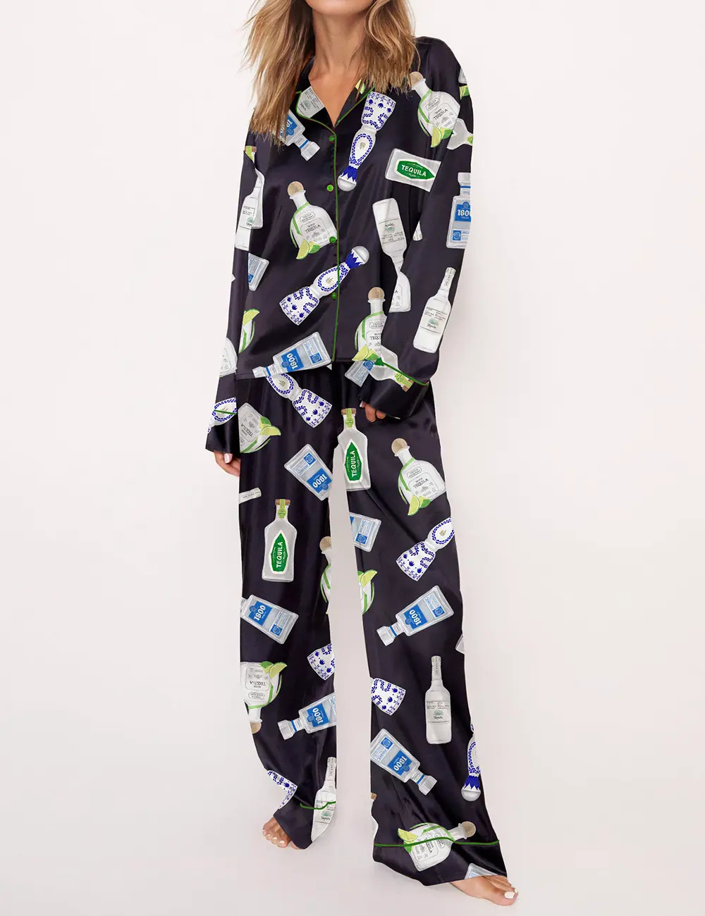 Tequila Bottle Satin Pajama Set For Women	