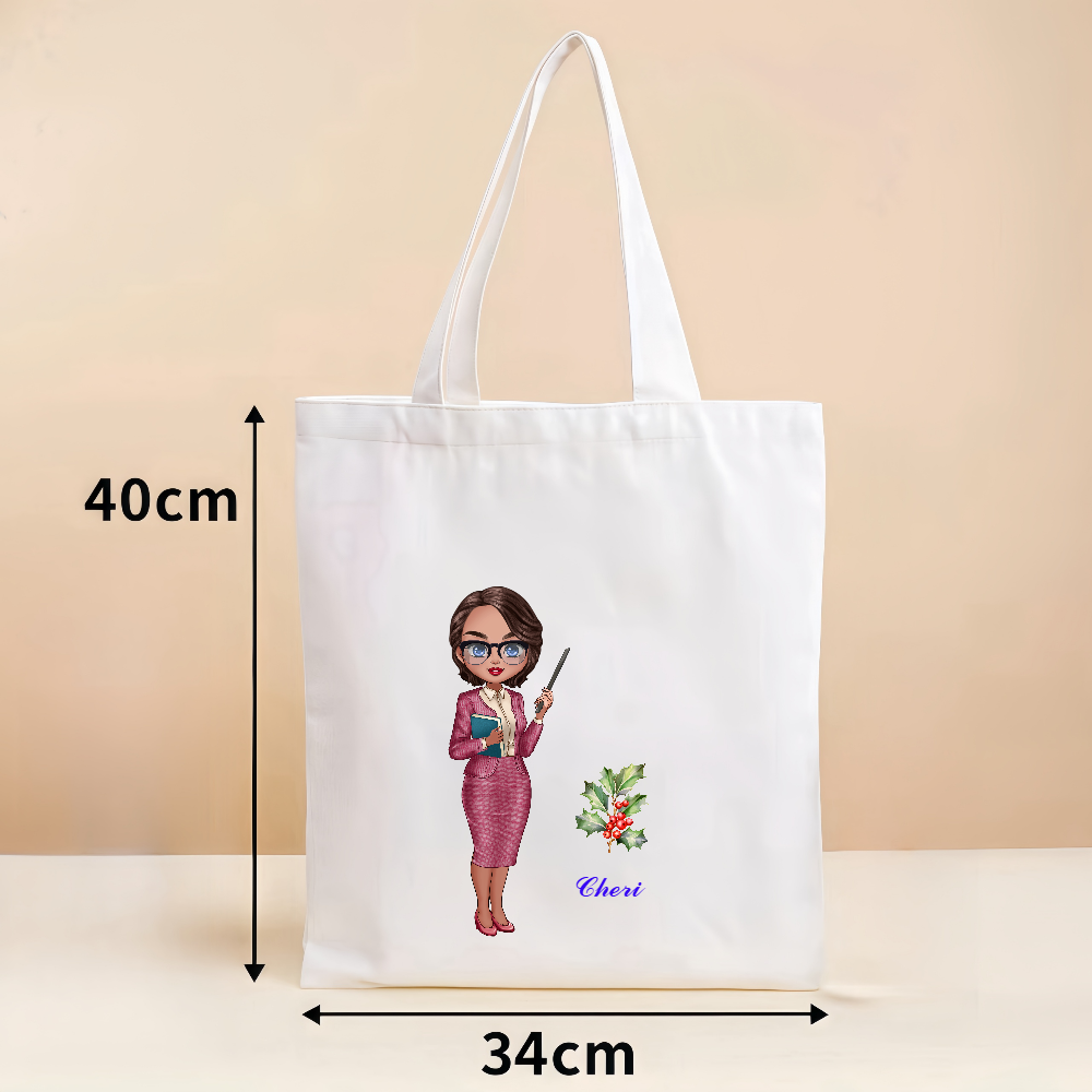 Personalized Teacher Cartoon Tote Bag with Birth Flower Teacher's Day Gratitude Graduation Gift for Teacher