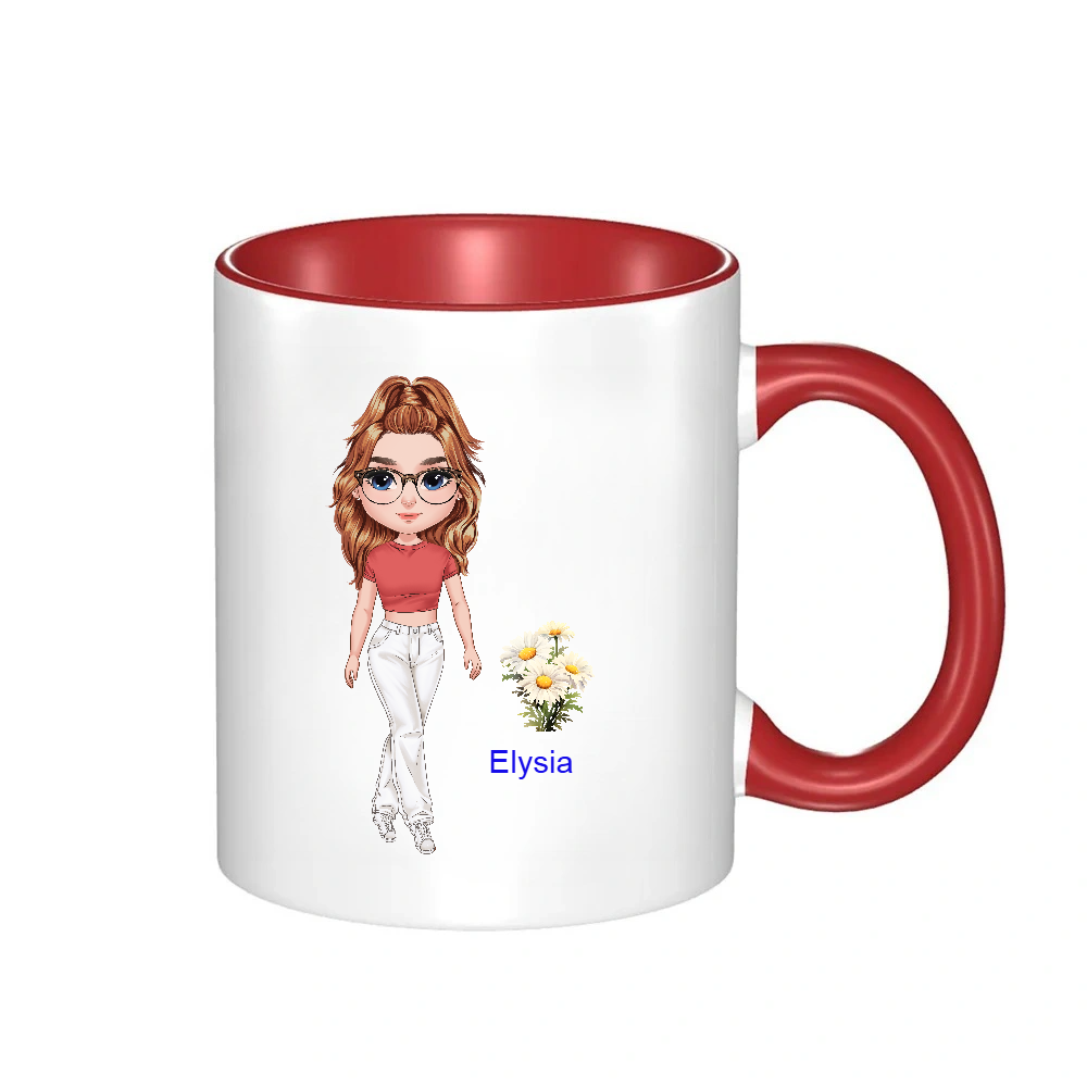 Personalized Cartoon Chibi Girl Coffee Cup Cartoon Ceramic Mug With Birth Flower and Name Birthday Gift for Women