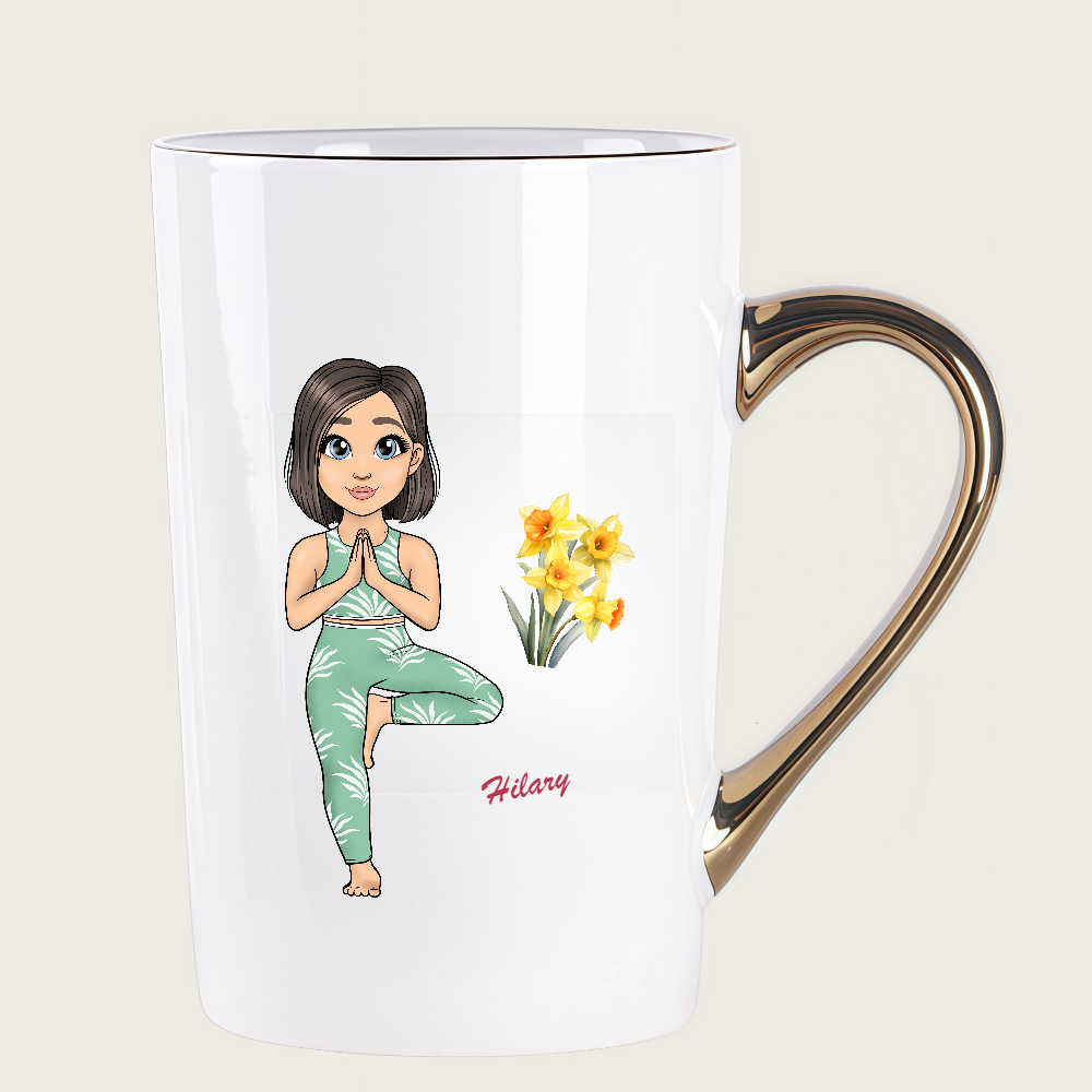 Personalized Cartoon Sports Yoga Fitness Girl Coffee Cup Cartoon Ceramic Mug With Birth Flower and Name Birthday Gift for Women