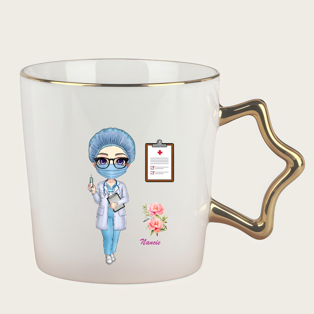 Personalized Doctor Coffee Cup Cartoon Ceramic Mug with Birth Flower and Name With Star Handle