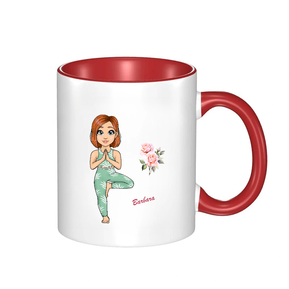 Personalized Cartoon Sports Yoga Fitness Girl Coffee Cup Cartoon Ceramic Mug With Birth Flower and Name Birthday Gift for Women