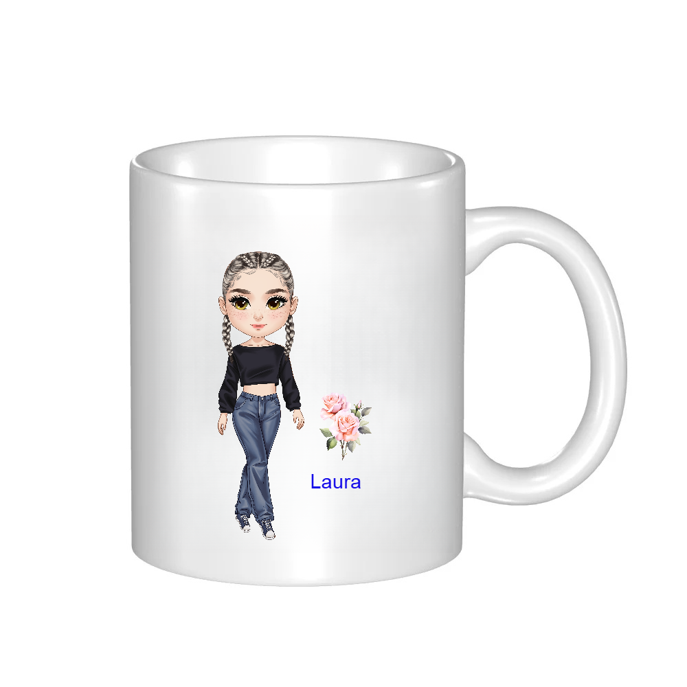 Personalized Cartoon Chibi Girl Coffee Cup Cartoon Ceramic Mug With Birth Flower and Name Birthday Gift for Women