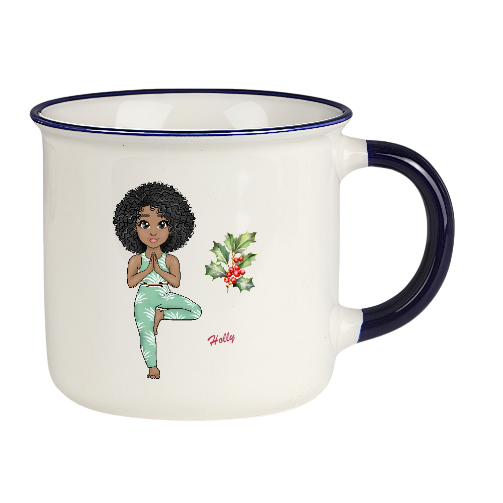 Personalized Cartoon Sports Yoga Fitness Girl Coffee Cup Cartoon Ceramic Mug With Birth Flower and Name Birthday Gift for Women