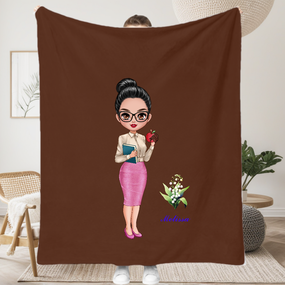 Personalized Teacher Cartoon With Birth Flower Soft Throw Blanket Back to School Teacher's Day Gift for Teacher