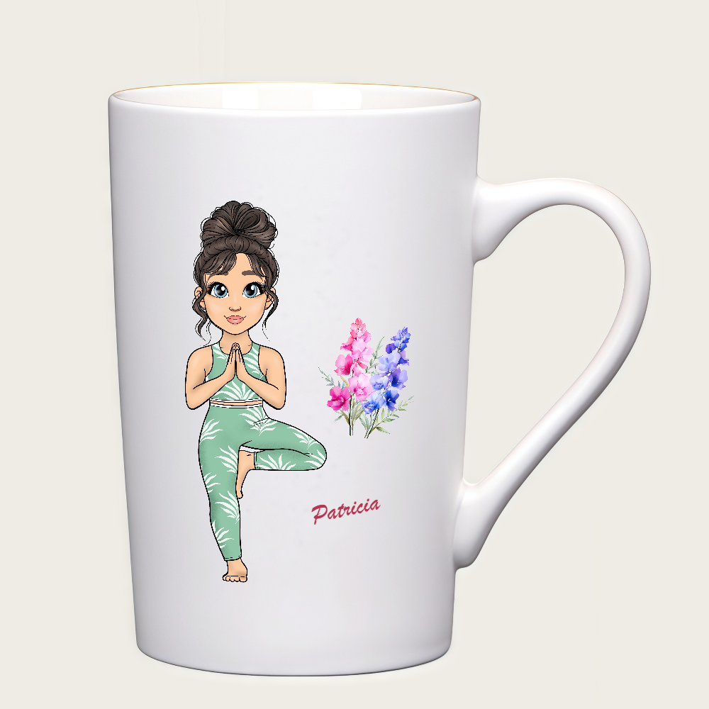 Personalized Cartoon Sports Yoga Fitness Girl Coffee Cup Cartoon Ceramic Mug With Birth Flower and Name Birthday Gift for Women