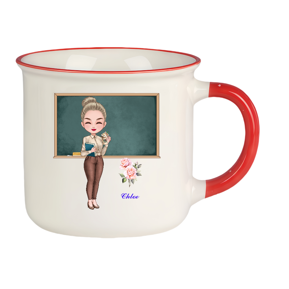 Personalized Teacher Coffee Cup Cartoon Ceramic Mug with Birth Flower and Name Back to School Appreciation Gift for Teacher