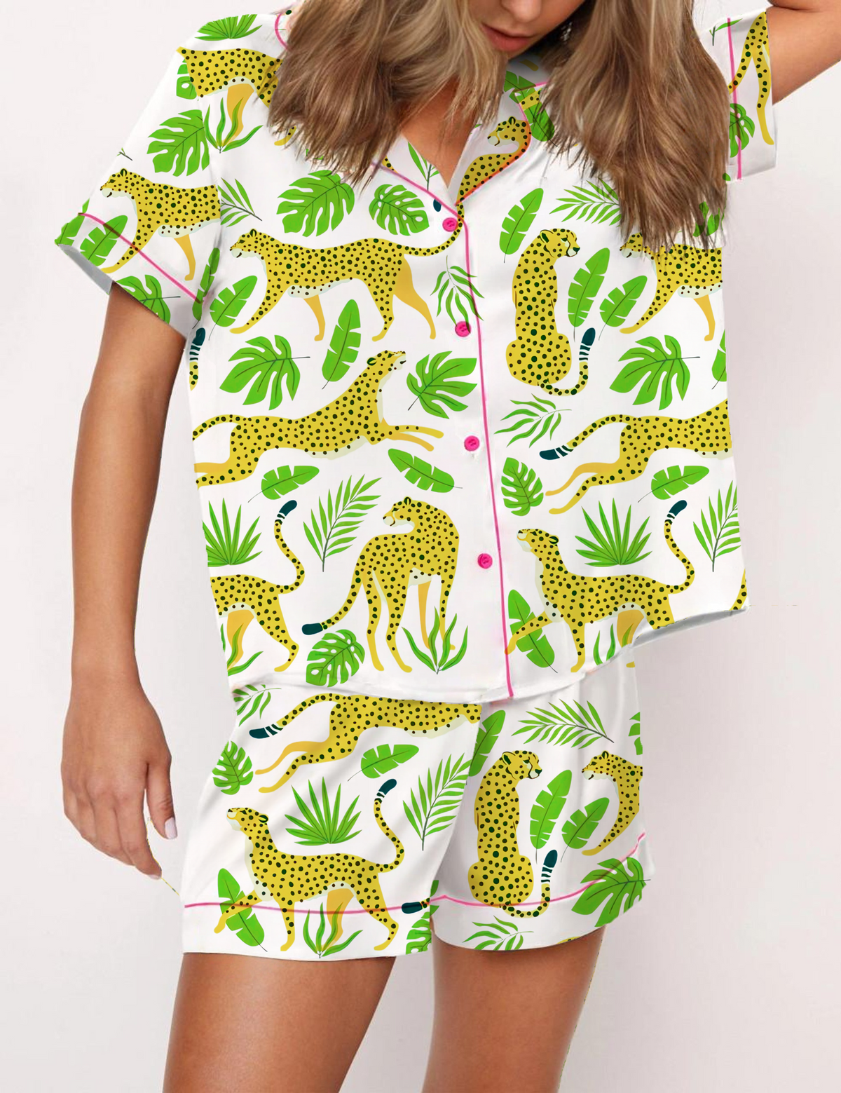 Cheetah Silky Satin Pajama Short Set For Women