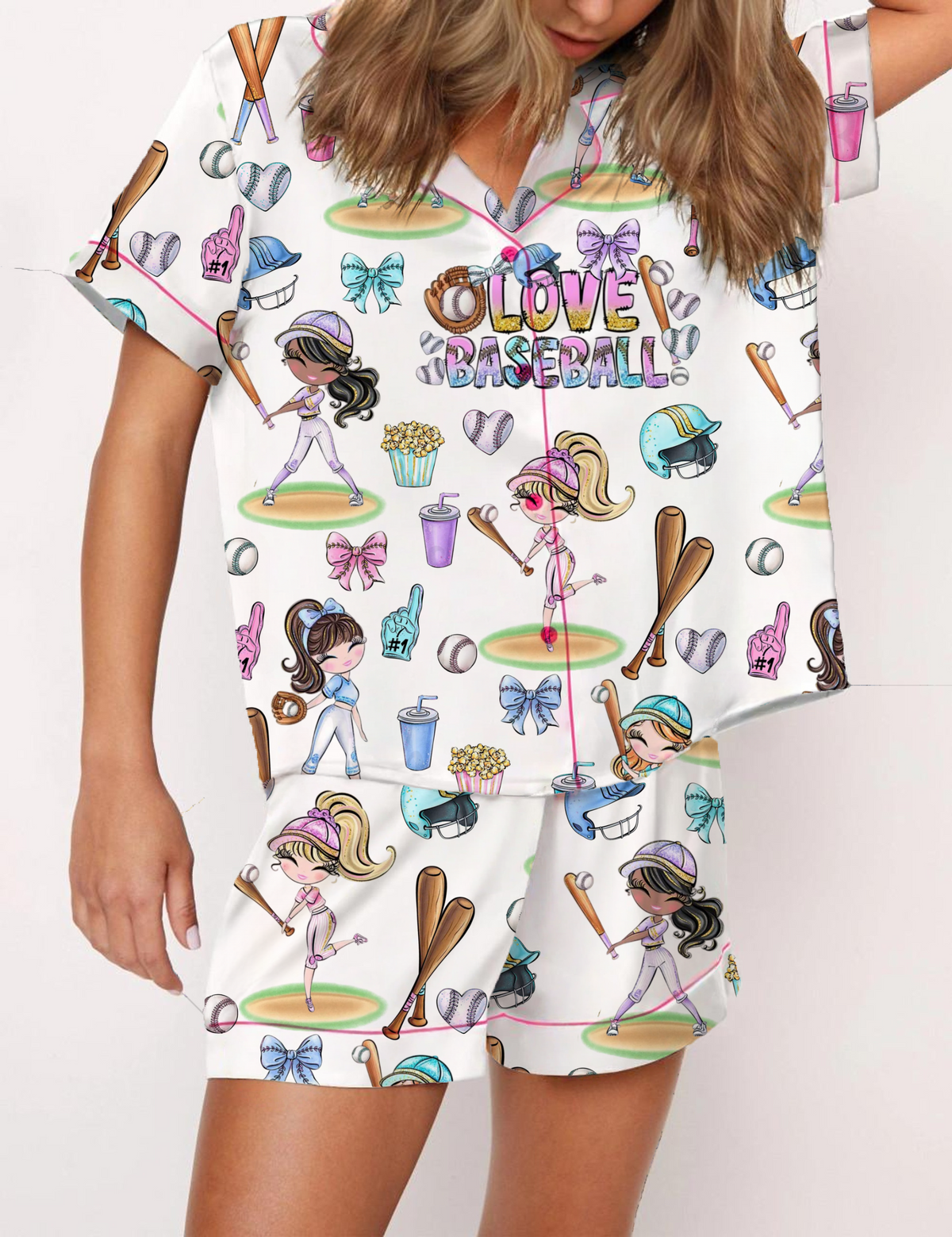Love Baseball Silky Satin Pajama Short Set For Women