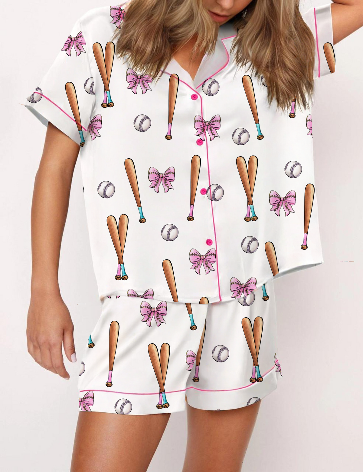 Coquette Baseball Silky Satin Pajama Short Set For Women