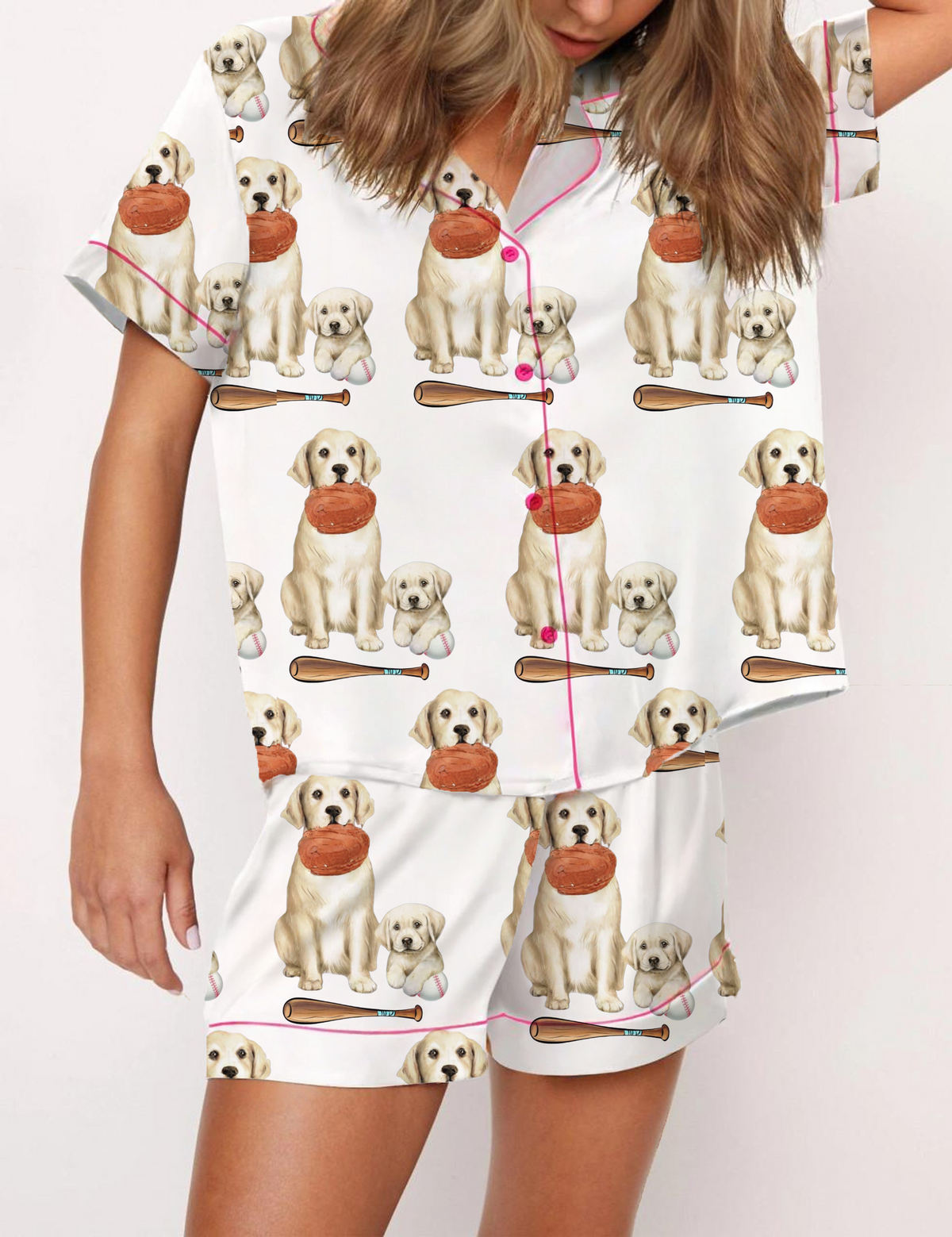 Golden Retriever Baseball Silky Satin Pajama Short Set For Women