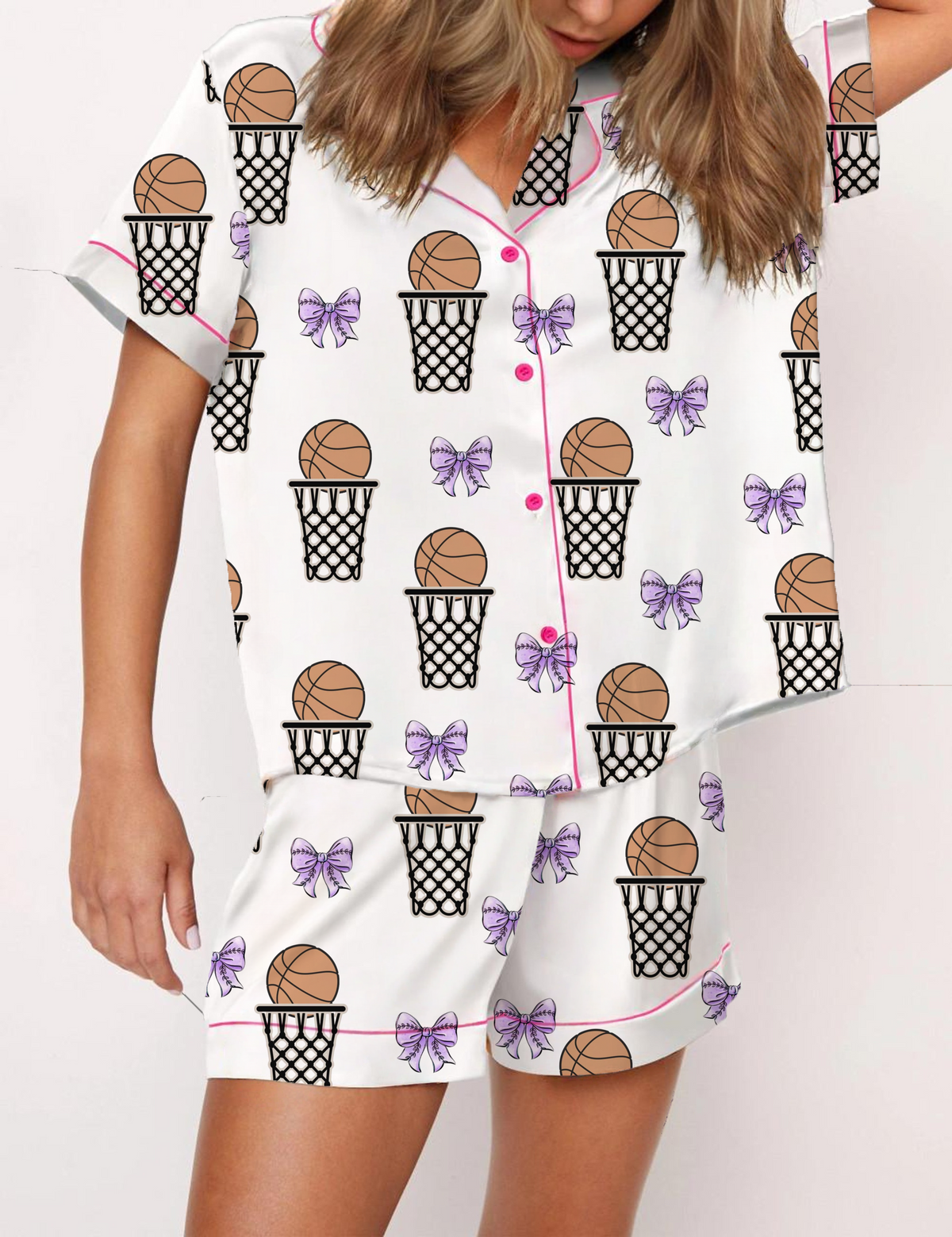Basketball Themed Silky Satin Pajama Short Set For Women