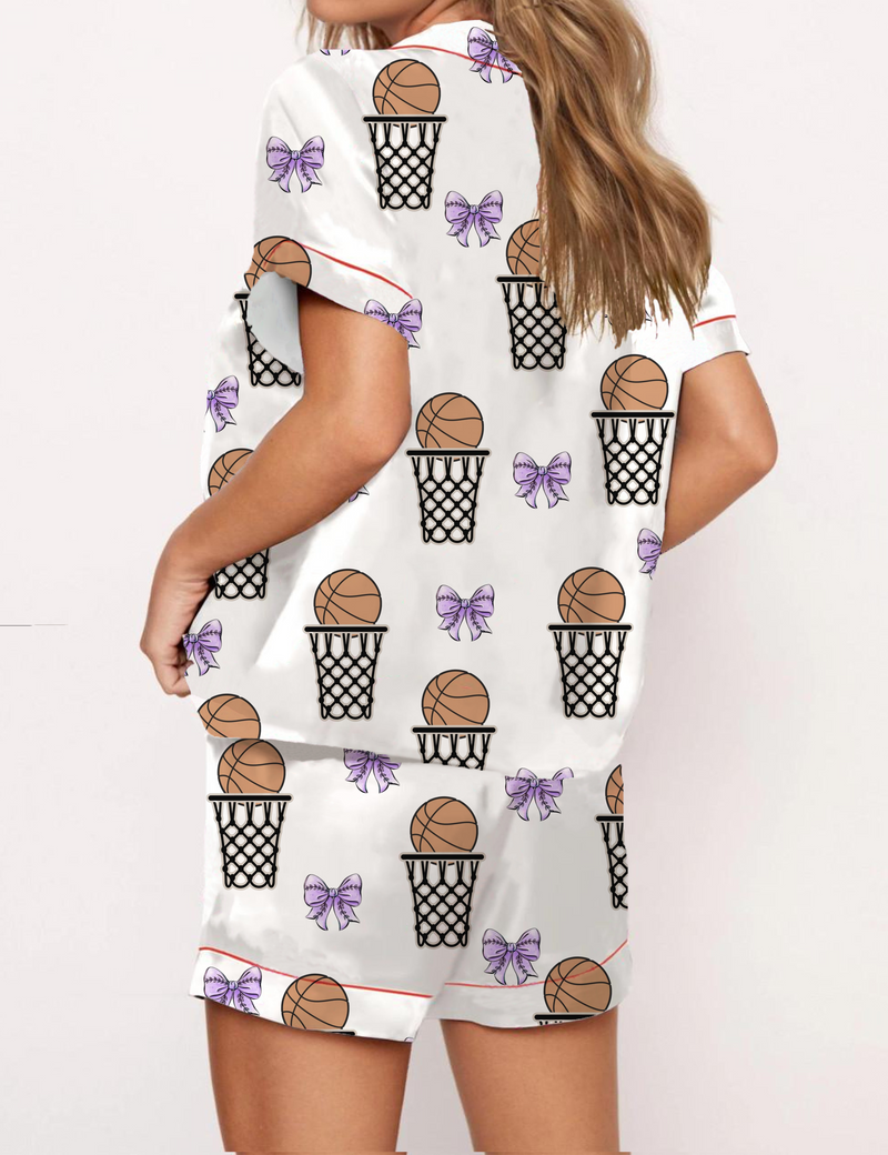 Basketball Themed Silky Satin Pajama Short Set For Women