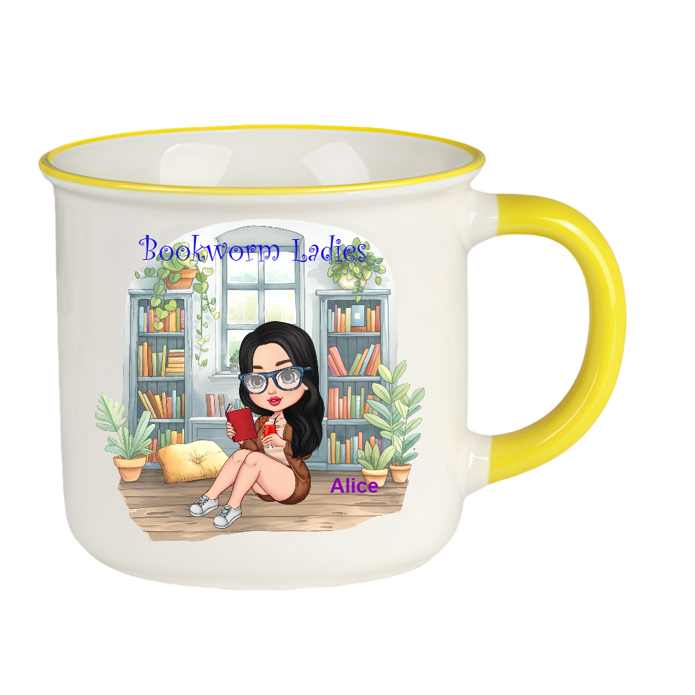 Personalized Bookworm Ladies Coffee Milk Cup Cartoon Ceramic Mug With Name Birthday Gift for Family Friend Bookworms Book Lovers